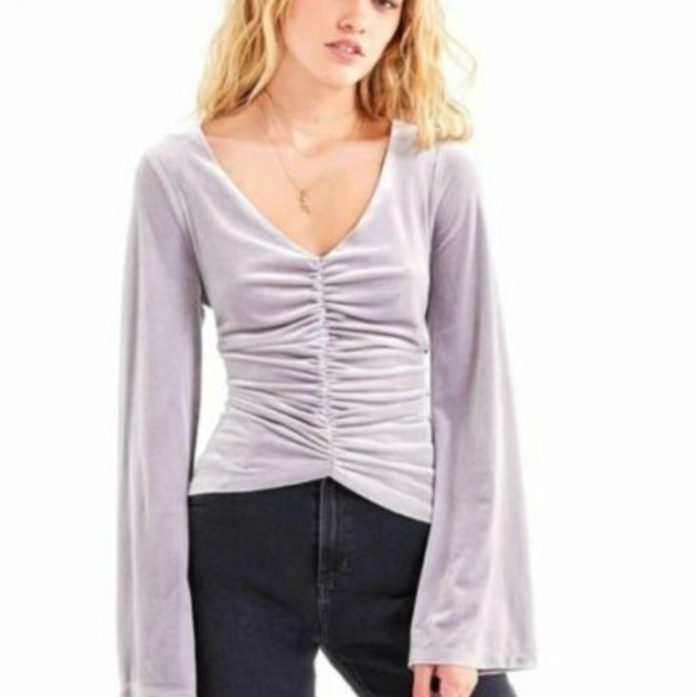 silver velvet ruched urban outfitter long sleeve